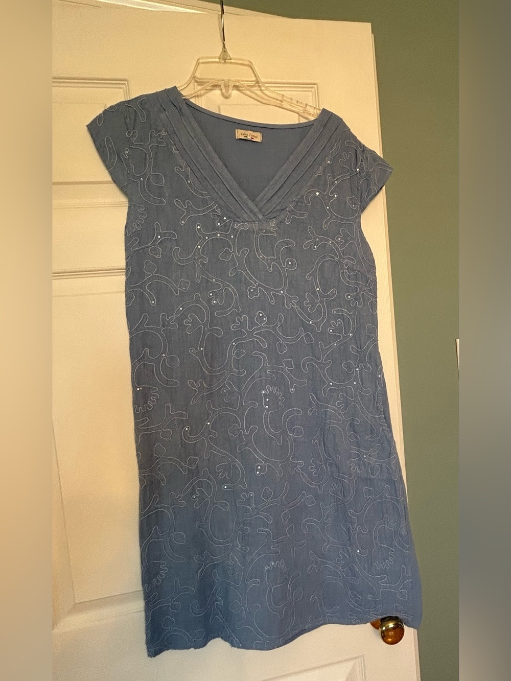 Blue Embroidered V-Neck Women’s Dress